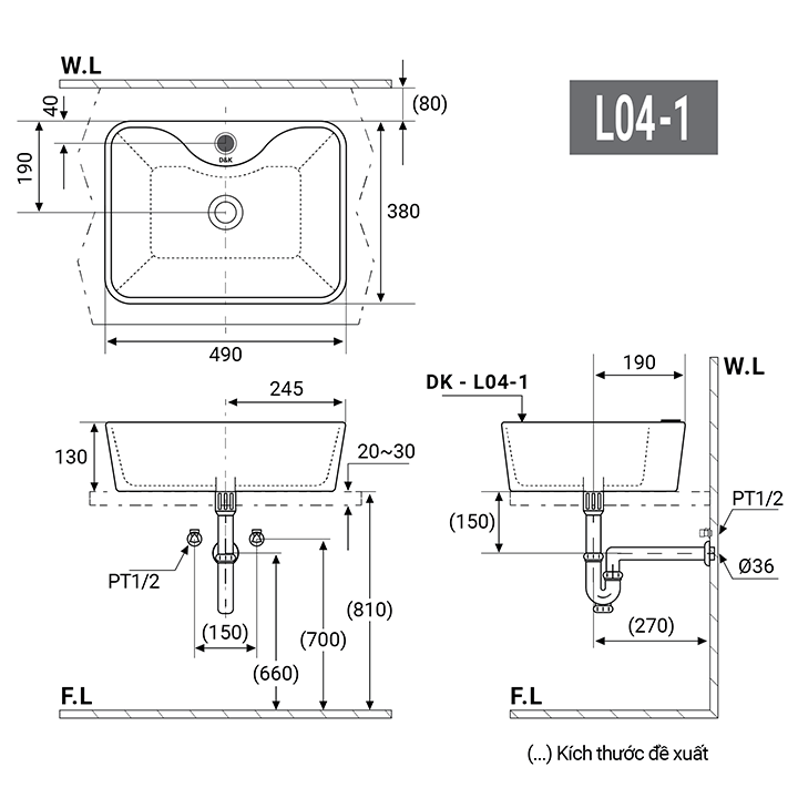 Kích thước lavabo vuông